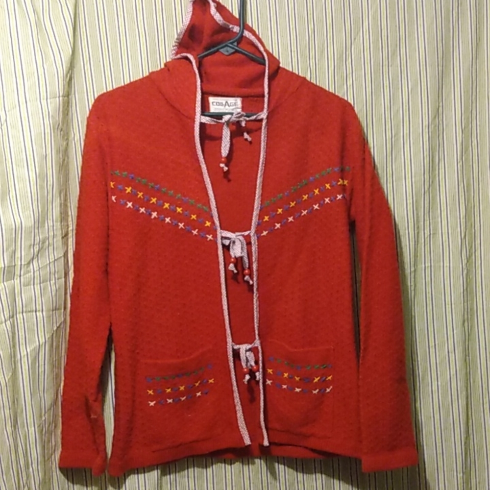 Hot Red Size Large Vintage Embroidered Mexican Hippie Unique Tie Front Cardigan